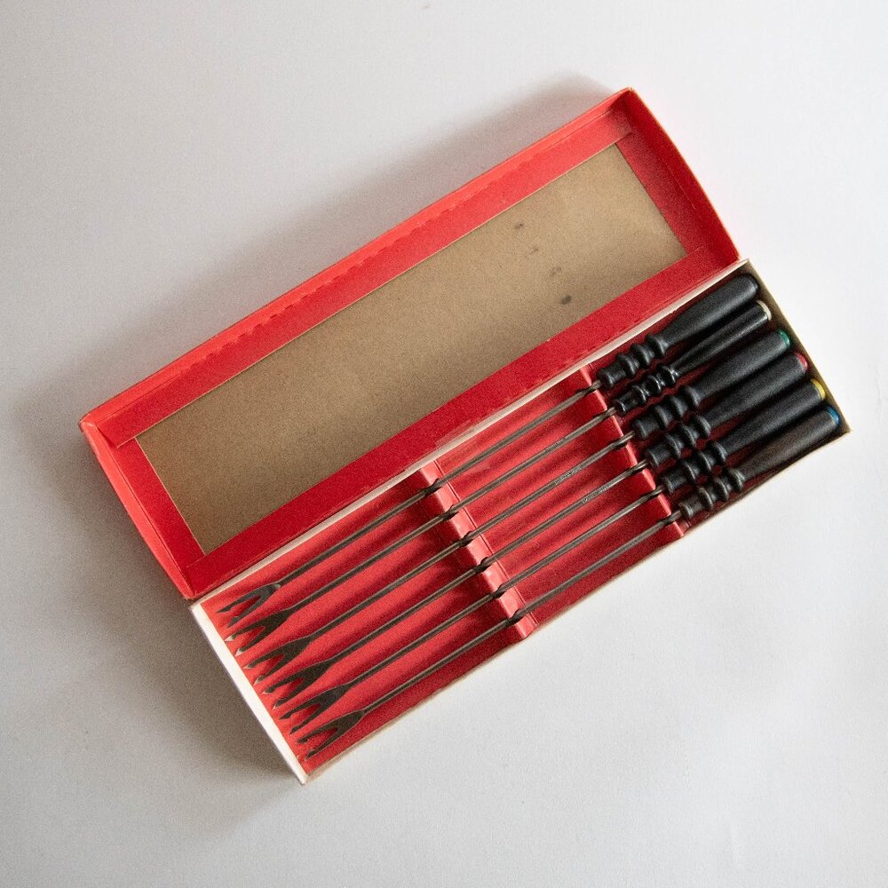 Vintage Oneida Mediterranea Stainless Steel Fondue Forks with Wood Handles